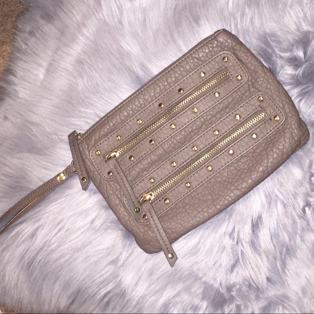 New taupe faux leather wristlet with gold!